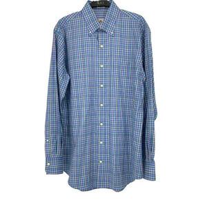 Peter Millar Shirt Men's M Blue Plaid Nanolux Easy Care Button Down Long Sleeves